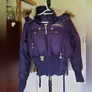 🔥 Apple Bottoms Y2K Bomber Puffer Jacket – Purple w/ Faux Fur & Rhinestones